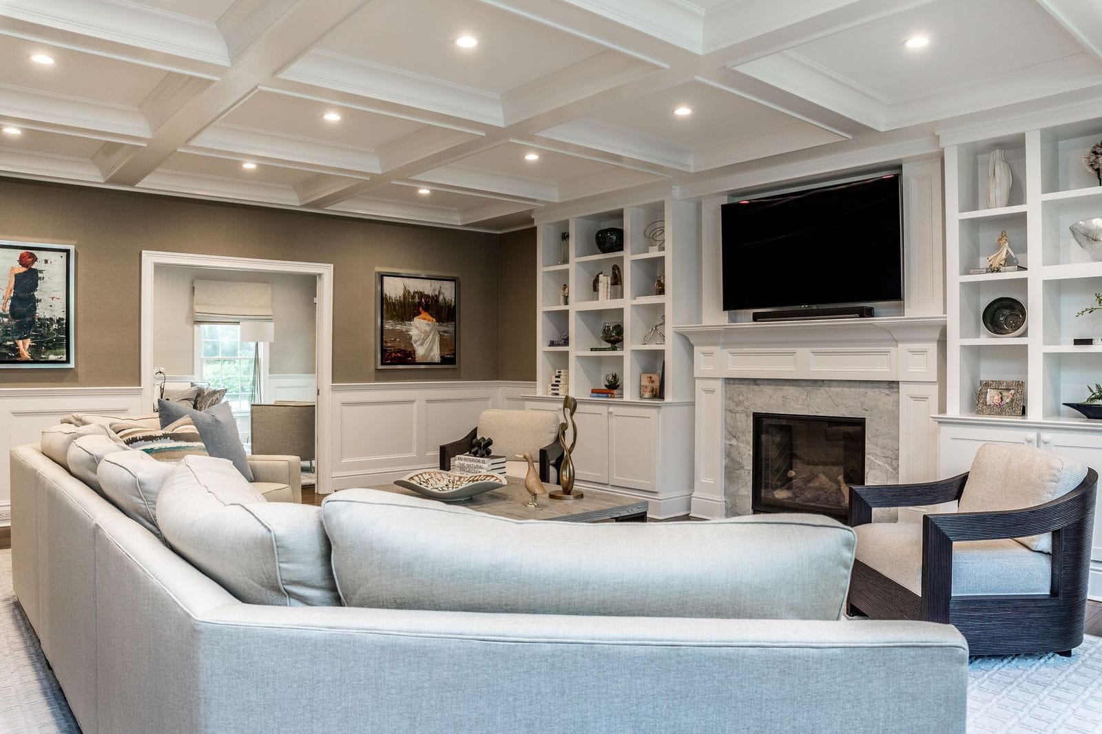 Open-concept family room interior design near Syosset, Long Island