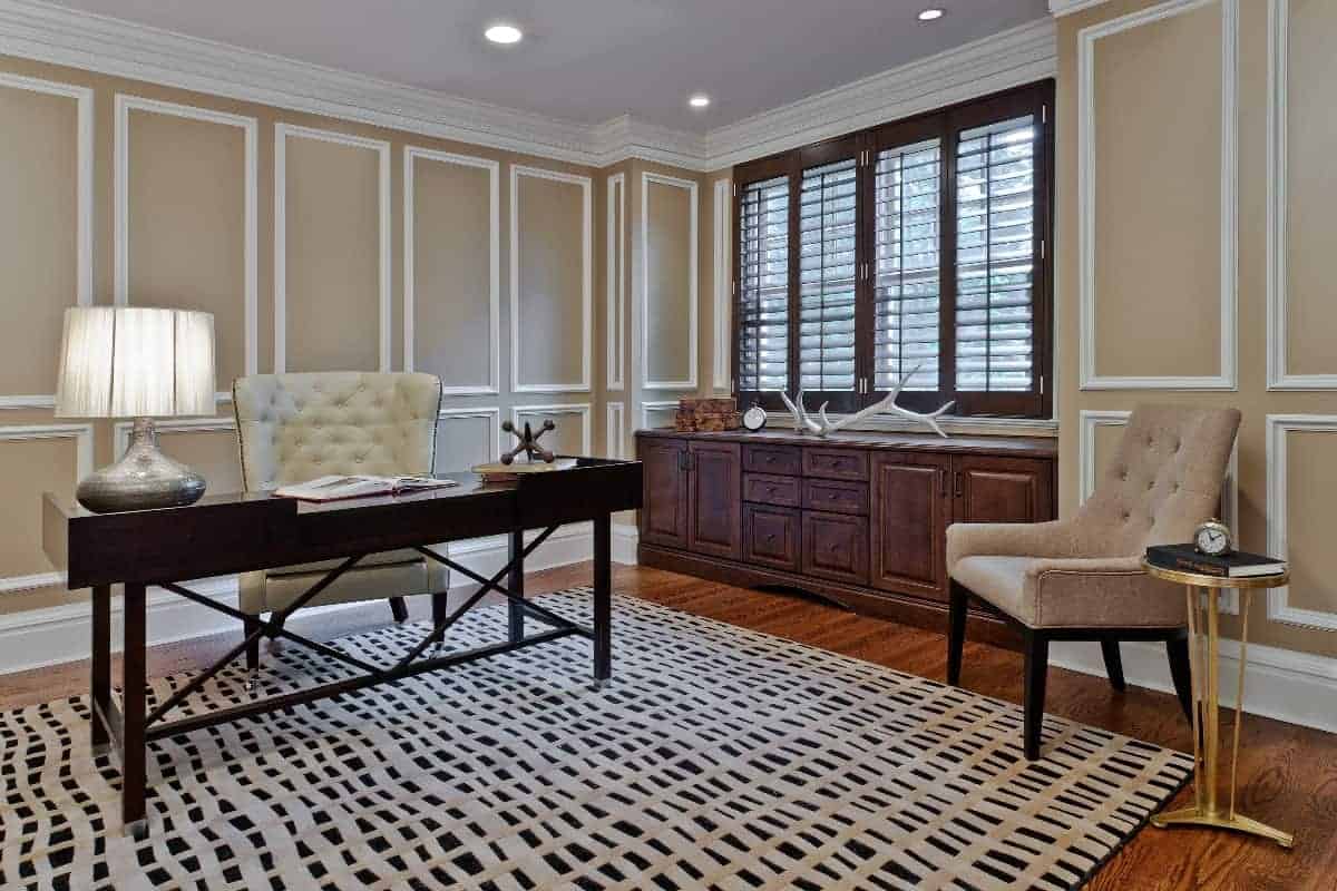 Study in Old Westbury, custom cabinetry, wood shades with a modern and classic flare.