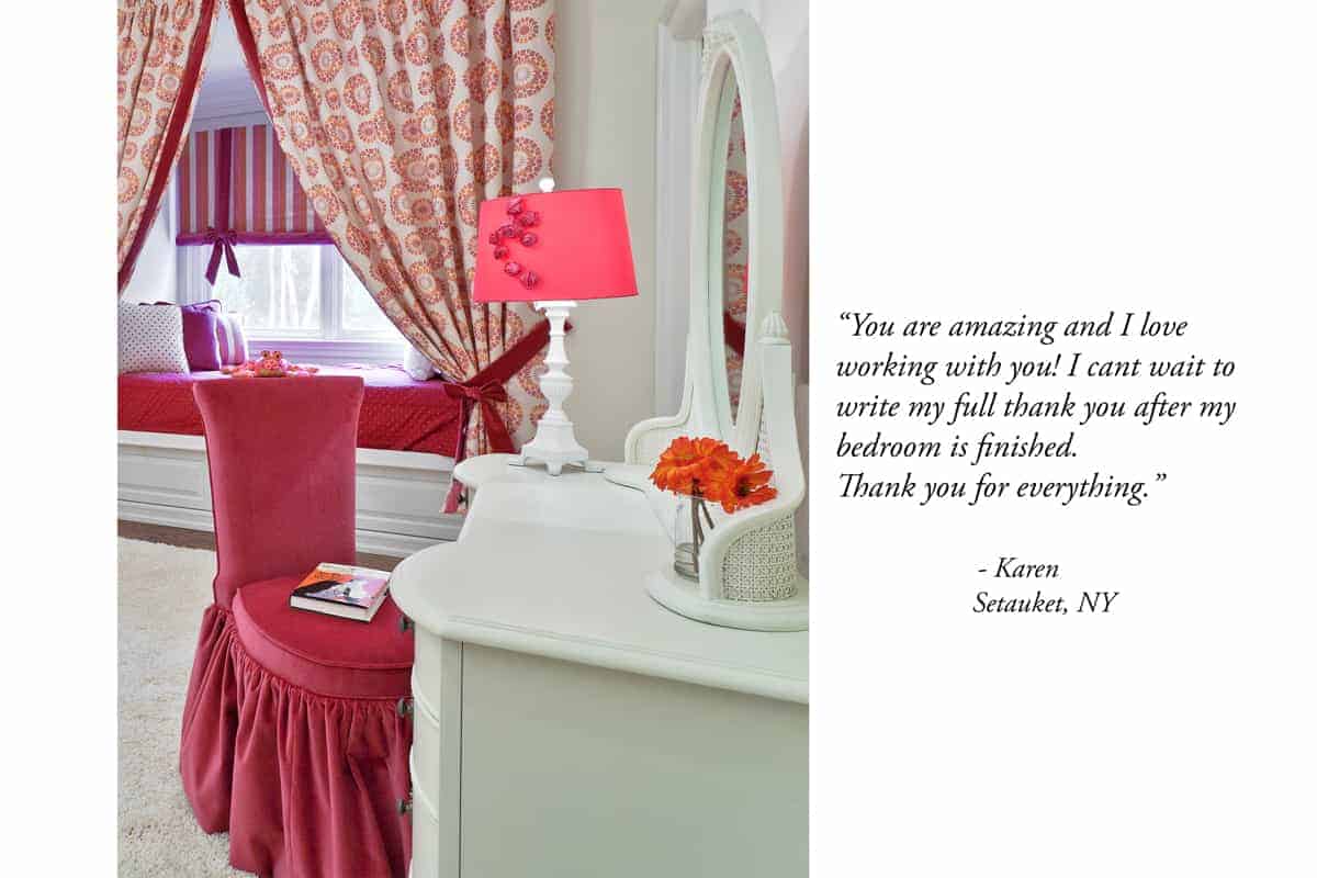 Shades of pink and red compliment this girls bedroom design in Old Westbury Long Island NY