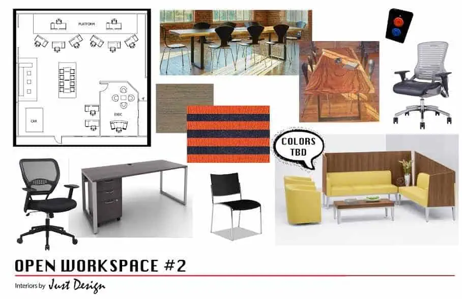 Collage of an open workspace design featuring a floor plan, office chairs, desks, lounge furniture, color samples, and decor elements. This Long Island-inspired design by Just Design includes notes and furniture arranged for collaborative work areas.
