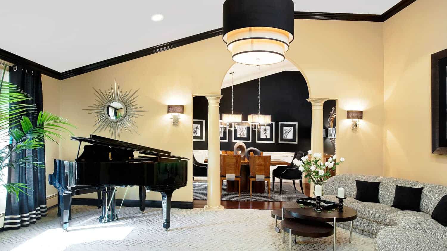 Dramatic living room designed around an ebony black baby grand piano, Dix Hills NY