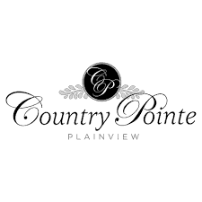 Black and white logo featuring a circular emblem with the letters "C" and "P." Below the emblem, decorative leaves flank the name "Country Pointe" in elegant script, with "Plainview, NY" in smaller capitalized letters underneath. Perfect for interior designers on Long Island.