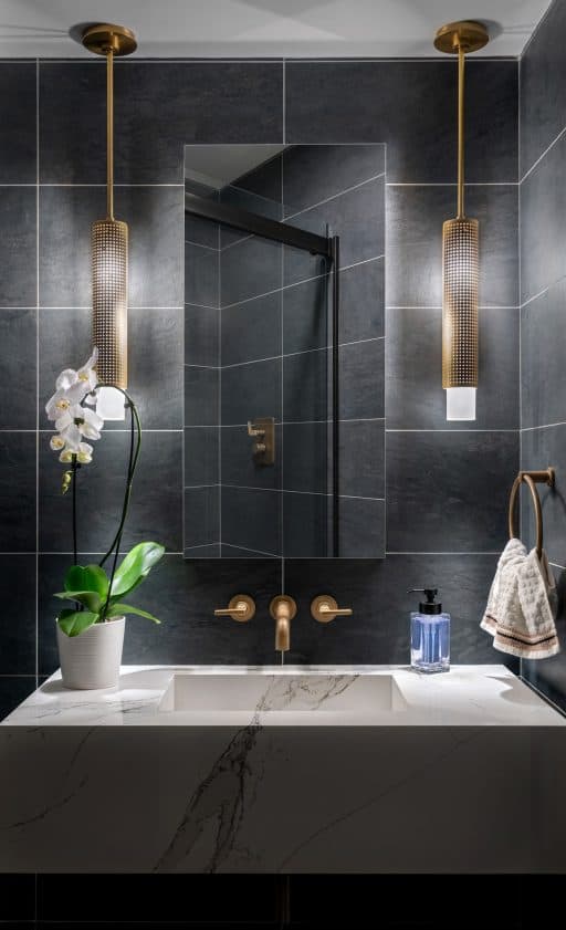 Black bathroom interior design, black tile, Robyn Baumgarten interior designer, Long Island NY