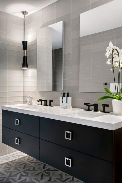Bathroom interior design, vertical, glass tile, Robyn Baumgarten interior designer, Long Island NY