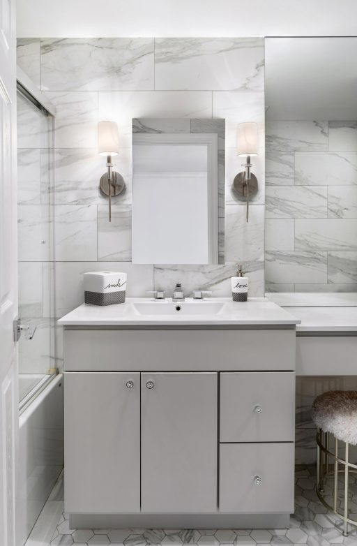 White marble bathroom interior design, vertical, Robyn Baumgarten interior designer, Long Island NY