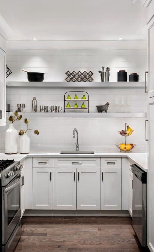 Long Island kitchen design open shelf by interior designer Robyn Baumgarten
