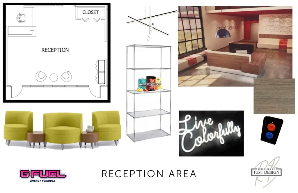 Design board for a reception area in Long Island, NY, featuring a floor plan, modern lighting, green chairs, a coffee table, inventive shelving with G Fuel cans, and signage saying "Live Colorfully." Complete with a brown desk, fabric samples, and logos for G Fuel and Just Design.