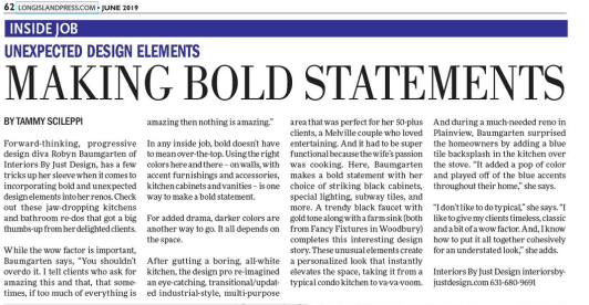 Newspaper clipping titled "Making Bold Statements" features an article on new home interior design by Robyn Baumgarten of Interior by Just Design. The piece emphasizes unexpected, bold home interiors, showcasing the talent of one of the top interior designers on Long Island. Photo included.