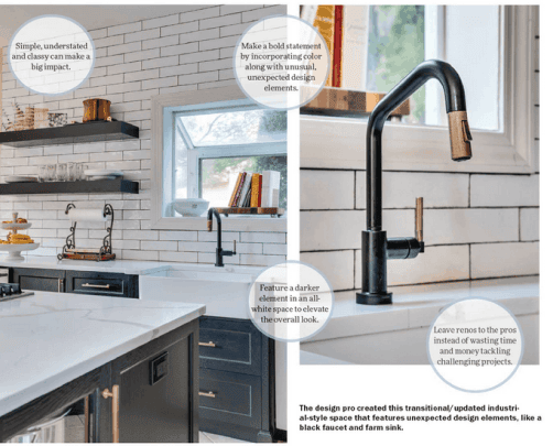 A modern kitchen in NY with white tiled walls, sleek dark shelves, and a black faucet. Bold colors are accented with darker elements, creating a sophisticated look that interior designers on Long Island excel at. It's wise to leave such renovations to the professionals.