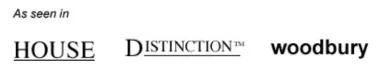Text reading "As seen in HOUSE," "DISTINCTION™," and "woodbury," each in different fonts, reflecting the expertise of premier interior designers Long Island, NY.