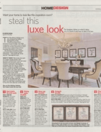 Newspaper article titled "Steal This Luxe Look" in the Home Design section. Features a sophisticated dining room with a chandelier, white chairs, floral art, and a long table. Discover design tips from top interior designers Long Island trusts and curated product recommendations.