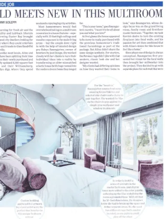 A group of people stands together in front of a large, floor-to-ceiling built-in bookcase filled with books and decorative items. The room, showcasing modern design elements, reflects the sophisticated style of new home interior design in Long Island, boasting a bright, open atmosphere.