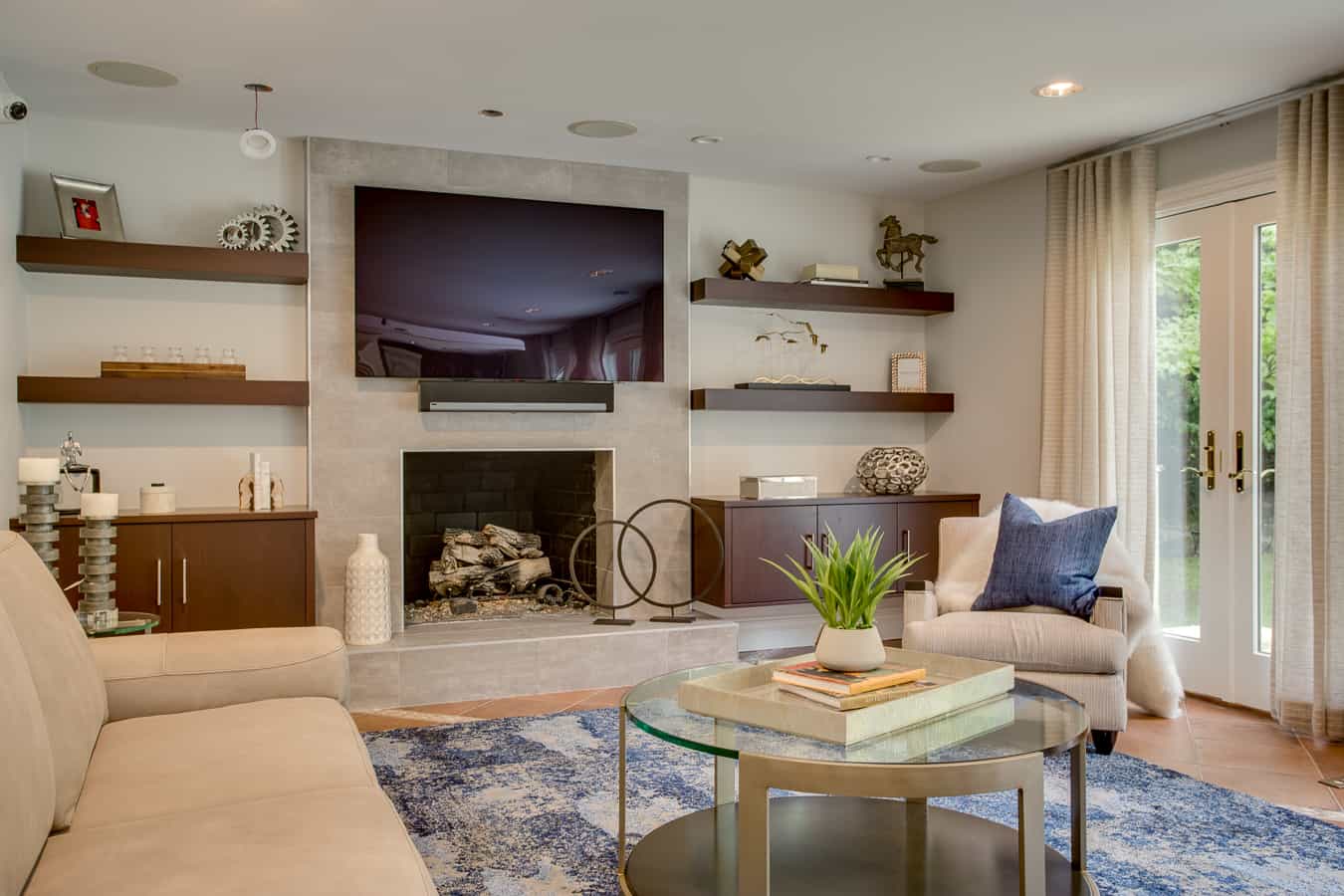 Hamptons NY family room interior design after renovation with neutral palette and layered coastal texture