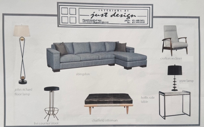 Mood board with grey-blue Abingdon sectional, Crofton recliner, and Pyre lamp for the Old Westbury project