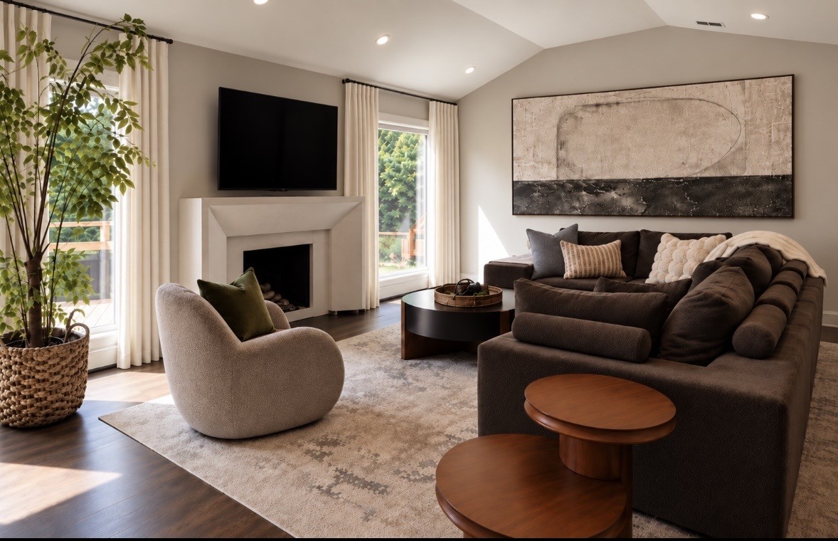Den interior design for a home in Melville, NY